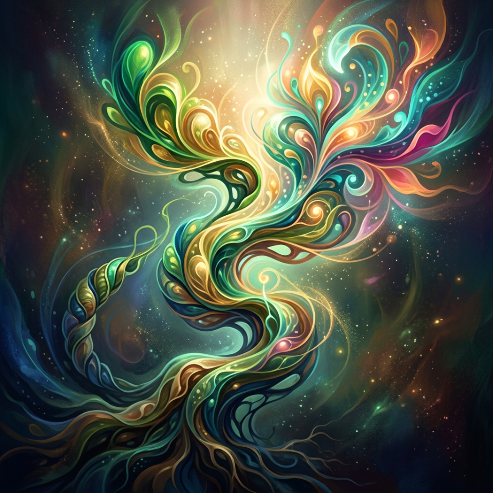 Vibrant swirling abstract shapes in green, gold, blue, and pink hues on a dark background