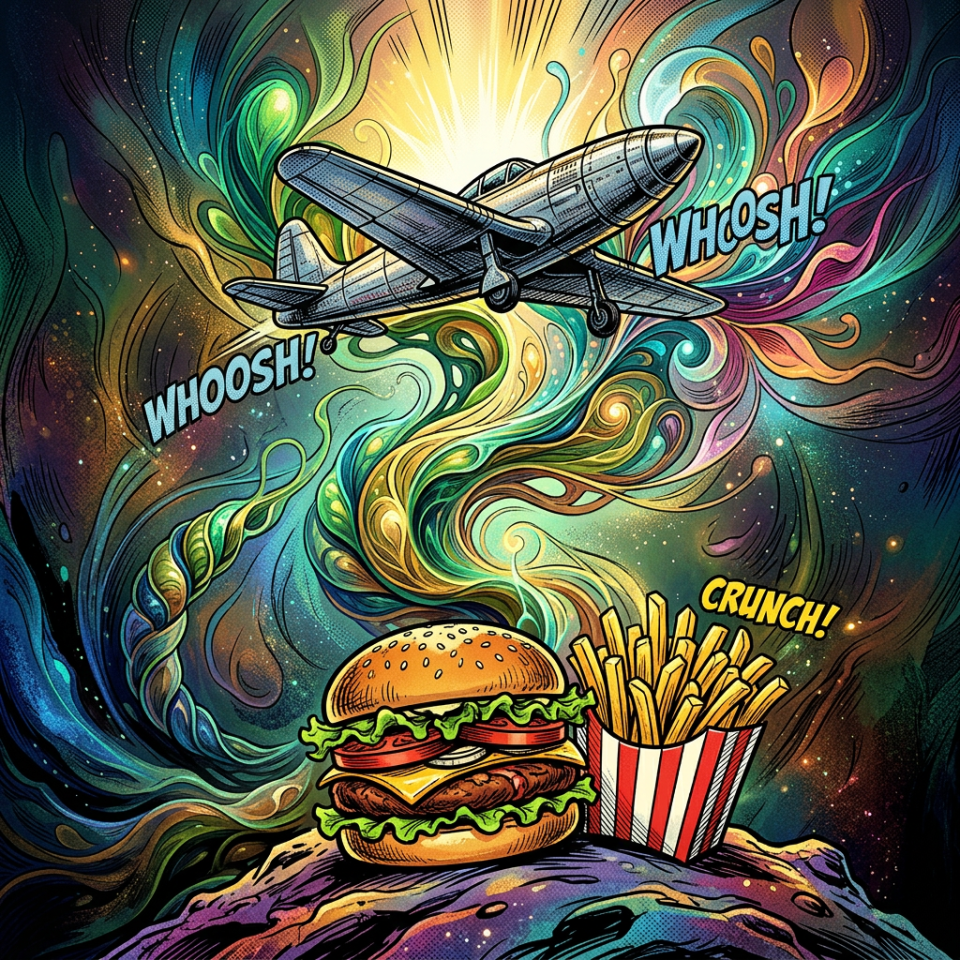 Airplane flying over burger and fries