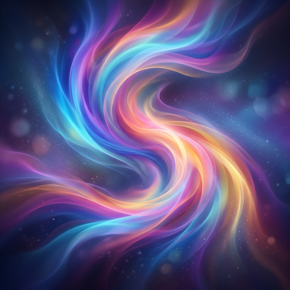 Swirling waves of vibrant multicolored light against dark background
