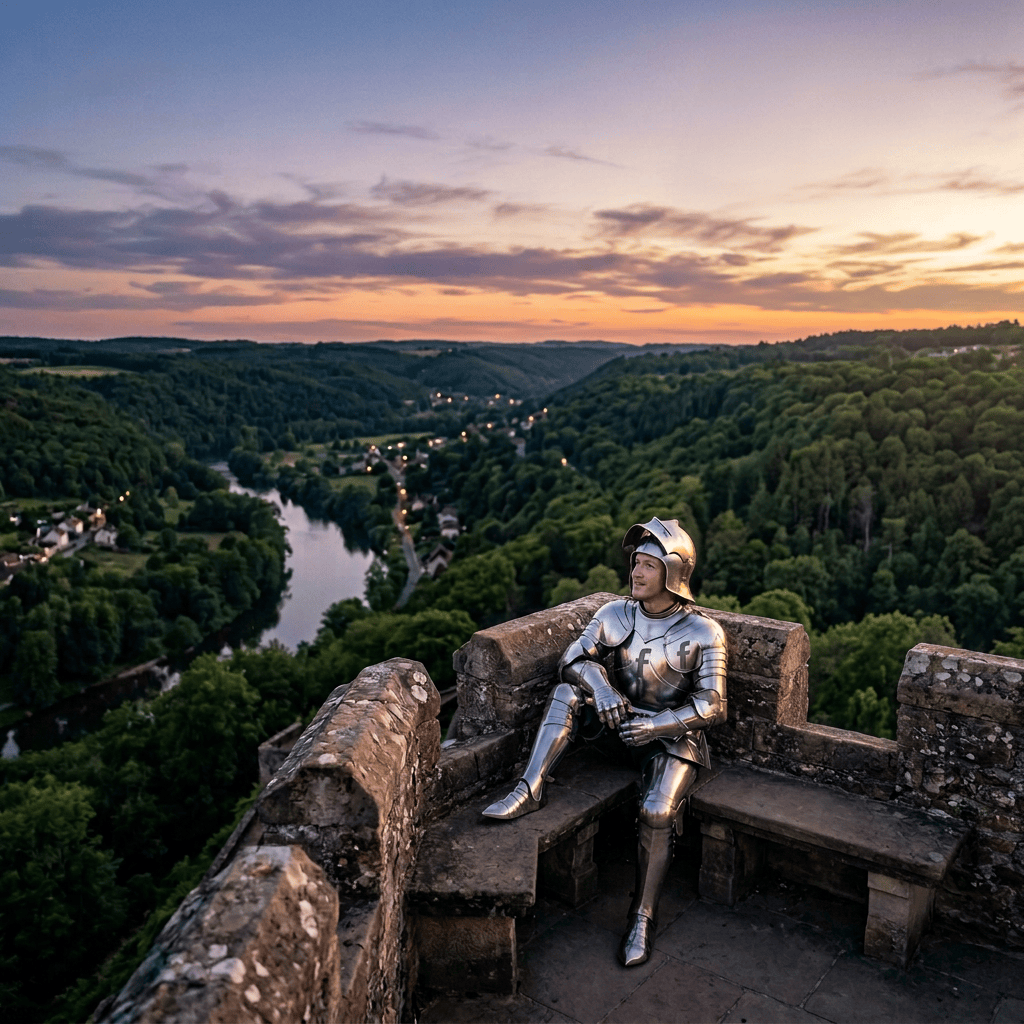 Man seated on castle rampart overlooking river valley at sunset